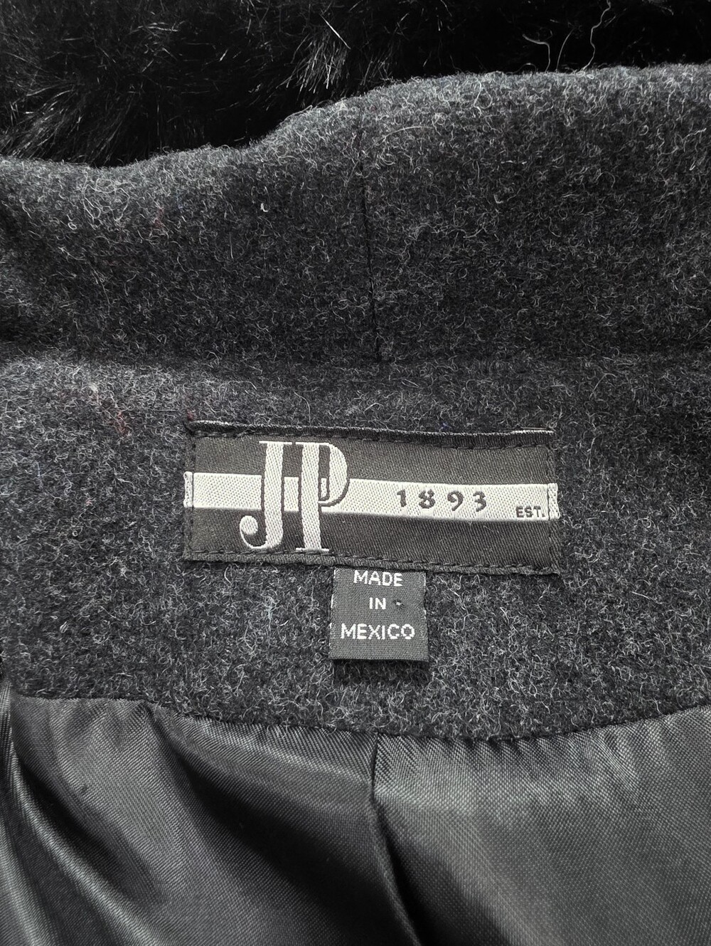 Vintage JP 1893 Charcoal Gray Wool Hooded Long Coat with Black Faux Fur Trim - Picture 11 of 13